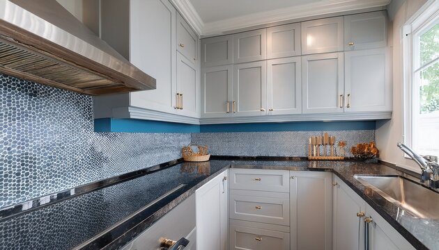 a kitchen with white cabinets brown and black speckled countertop and backsplash crown moulding and grey and blue walls