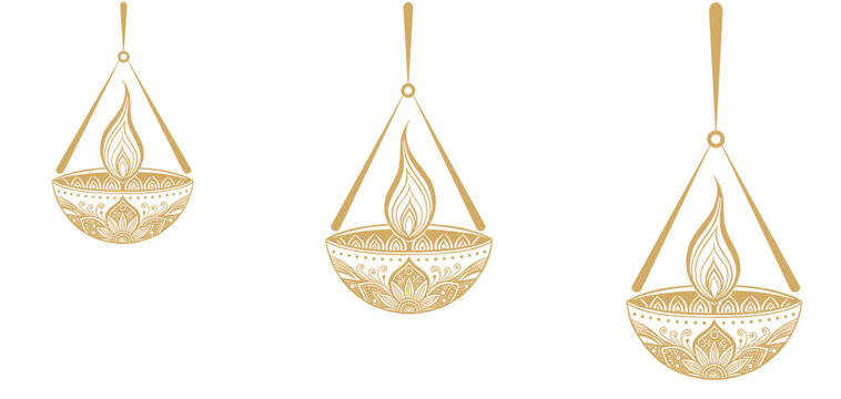 Vector illustration of two golden Diwali Diyas hanging with graceful flames for Diwali day