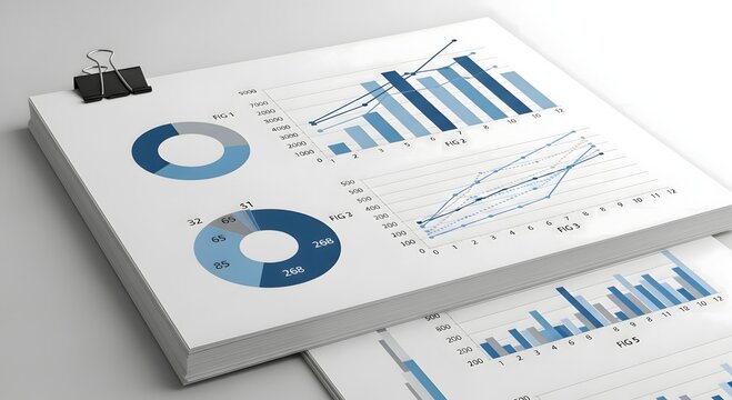 Collection of business documents with graphs and charts on a white table for analysis and planning