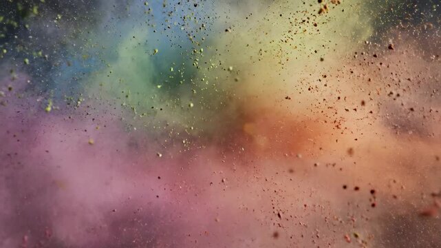 Vibrant explosion of multi colored powder against a dark background representing energy and creativity.