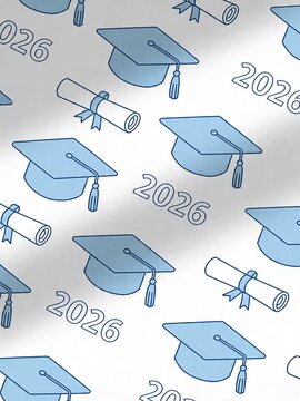 Pattern of blue graduation caps and diplomas with the year 2026, arranged in a repeating design on a white background for educational themes and celebrations