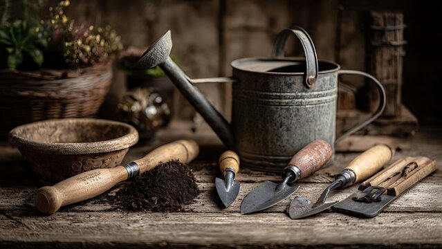 Rustic gardening tools and watering can on wooden table with soil and vintage style setup for home gardening and outdoor hobby concept