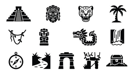 Explore ancient civilization and jungle adventure with this vector icon set. Includes pyramids, masks, jaguars, and more. Great for exploration themes. © EchoHue