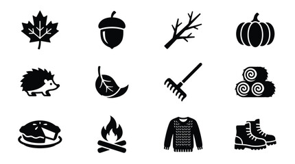 A versatile vector set of black silhouette icons representing essential autumn and fall elements. Ideal for seasonal designs, cozy themes, and harvest celebrations. © EchoHue