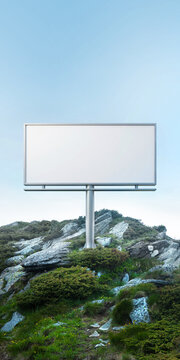 Billboard mockup on rocky mountain terrain with clear sky copy space. Concept of premium advertising placement, brand visibility, marketing design and clean layout presentation.