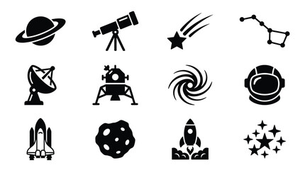 Vector space and astronomy icon set with celestial bodies, spacecraft, and exploration tools. Great for apps, websites, education, science projects. © EchoHue