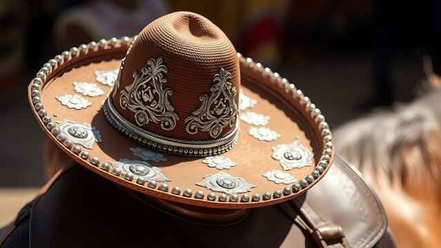 An ornate Mexican charro hat resting on a leather saddle.