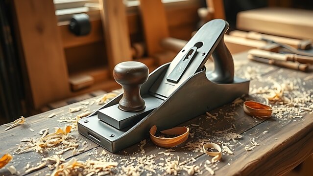 Woodworking jointer plane on rustic bench surrounded by fresh wood shavings.