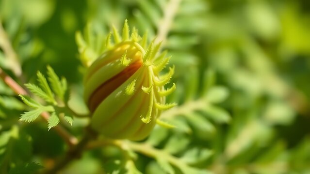 Mimosa pudica plant leaves folding inward upon being touched.
