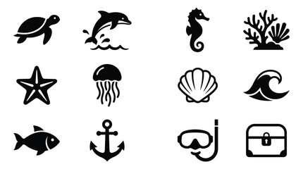 Obraz premium A collection of minimalist black silhouette vector icons representing diverse marine life and sea elements, perfect for travel, ocean, or adventure designs.