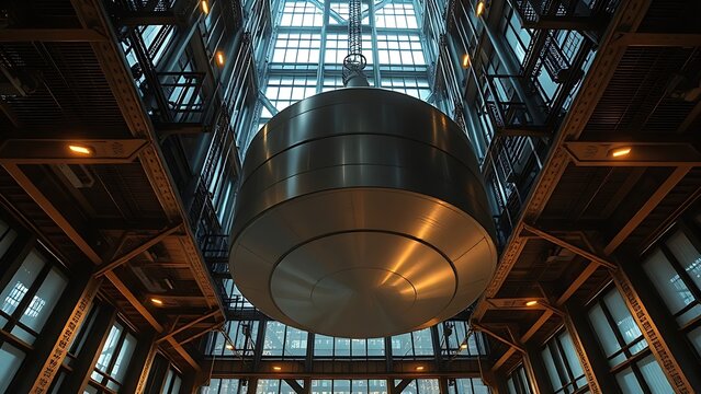 A large tuned mass damper inside a skyscraper, captured mid-sway.