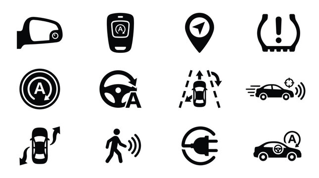 Collection of modern automotive smart technology vector icons. Perfect for UI, infographics, car features, autonomous driving concepts, and ADAS applications.