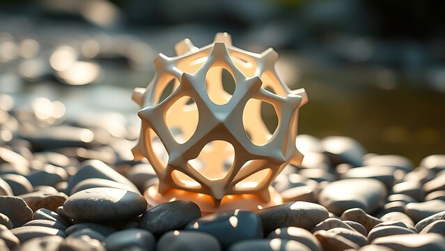 Geometric sculpture of an icosahedron made of interlocking triangular facets.