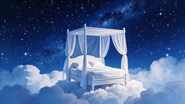 Bed floating in the sky with clouds
