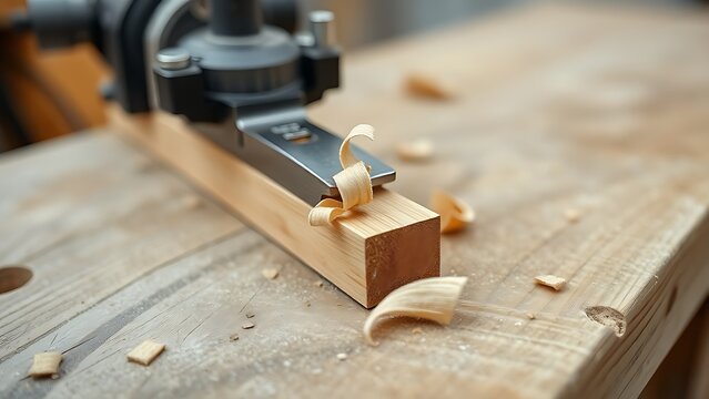 Close-up of a woodworking blade pressing against a wooden board, creating shavings.