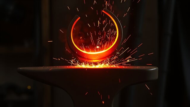 A red-hot iron bar being forged into a horseshoe shape on an anvil, sparks flying.