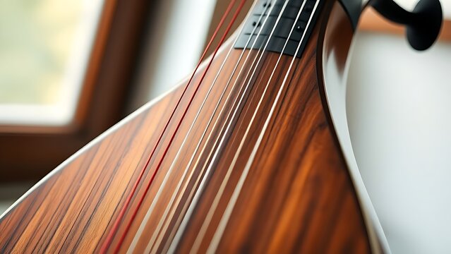 A close-up of an elegant rosewood pipa with four silk strings, showcasing its graceful curves and rich wood grain.