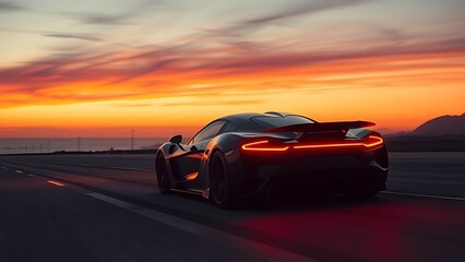 Fototapeta premium Silhouette of a low hypercar speeding on coastal highway at dusk with red taillight trails.