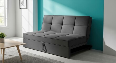 Fototapeta premium Modular Charcoal Grey Fabric Futon Sofa with Integrated Storage for Small Spaces