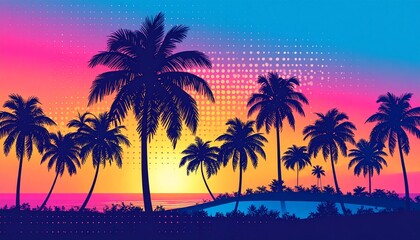 Obraz premium Vibrant tropical sunset with palm trees.