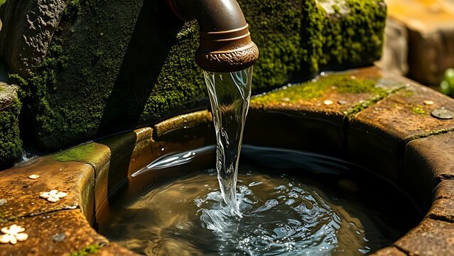 Close-up of an ancient mossy stone wellhead with water flowing into a basin.