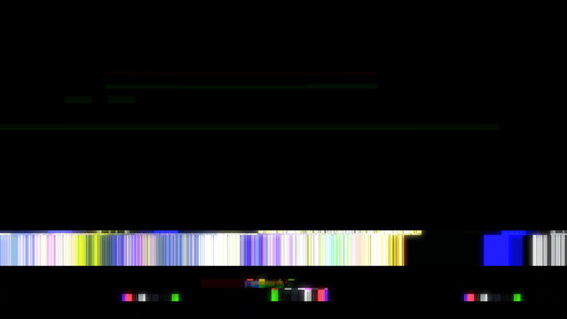 Digital glitch artifact: Abstract digital artifact showing a corrupted display with horizontal stripes of various colors, creating a visually disrupted effect.