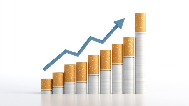 Tabaksteuer -  Aufsteigendes Diagramm mit Zigaretten, isoliert auf weissem Hintergrund