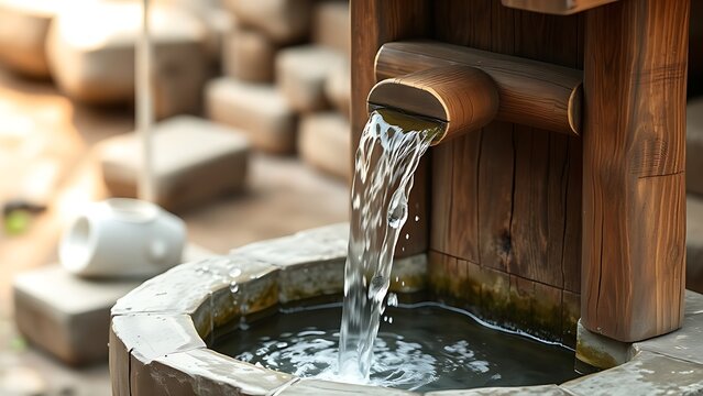 Ancient wooden wellhead with bamboo pipe channeling water into stone trough.
