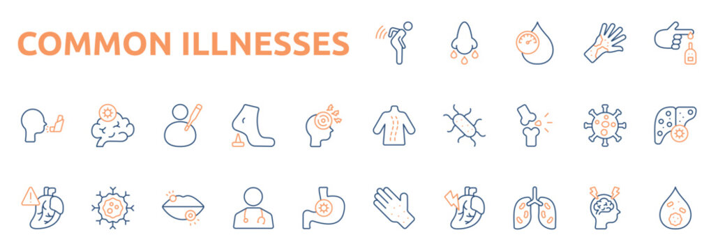 Common Illnesses icon set color outline style with backache, sinusitis, hypertension, rash, diabetes, scoliosis, e coli, osteoporosis icons