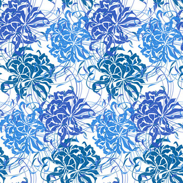 Seamless vector pattern with stylized spider lily flowers in blue palette on light background. Elegant flowing lines create airy botanical texture