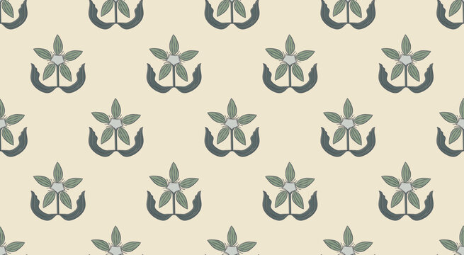 Block print botanical design simple floral seamless repeat pattern.