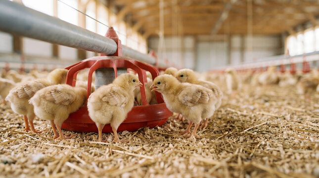 Cute baby chicks gather around a red feeder pecking at food in a farm setting.