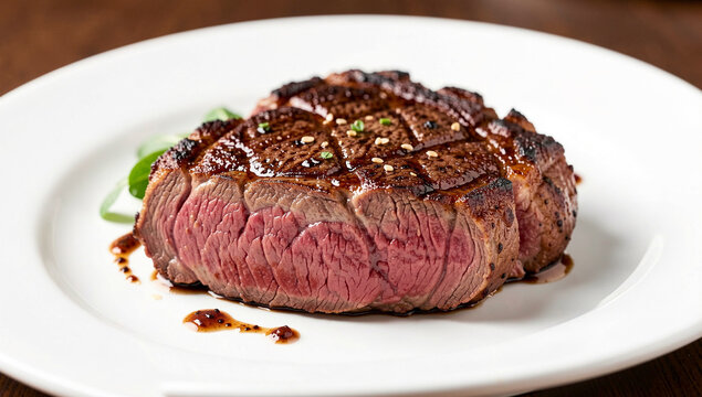 A mouth-watering grilled steak with visible grill marks and a tantalizing medium rare doneness. Served elegantly on a white plate.