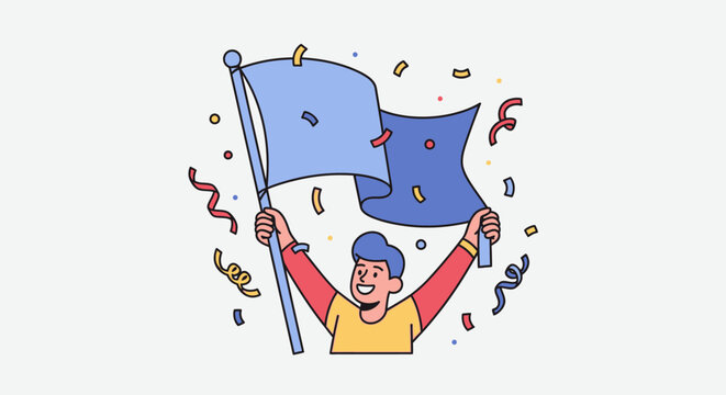 Person celebrating Juneteenth Day with flags and confetti outdoors happily