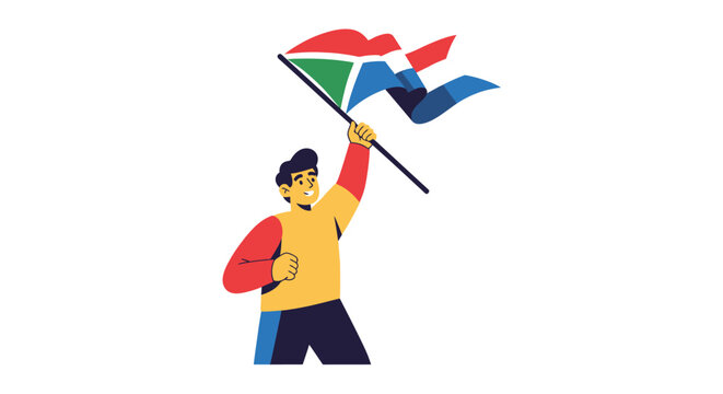 Man celebrates Juneteenth Day with a colorful flag in a joyful outdoor event