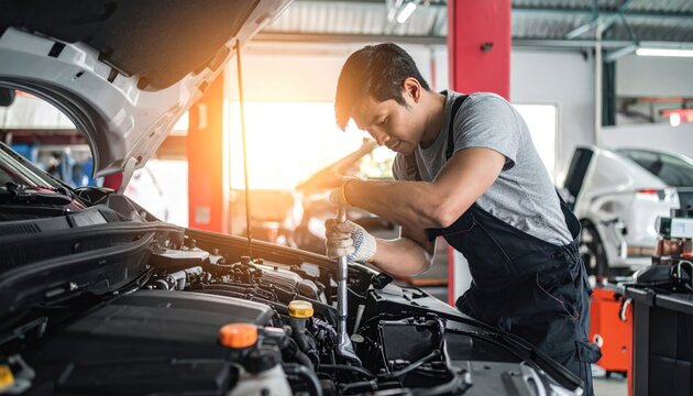 Mechanic Repairing Car Engine in Auto Repair Shop.