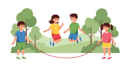 Flat style vector illustration of kids jumping rope together, classic playground activity promoting fitness, coordination and fun group play © Sheraz