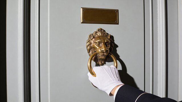 A gloved hand reaches for a brass lion door knocker on a gray door. The door features a nameplate above the knocker.