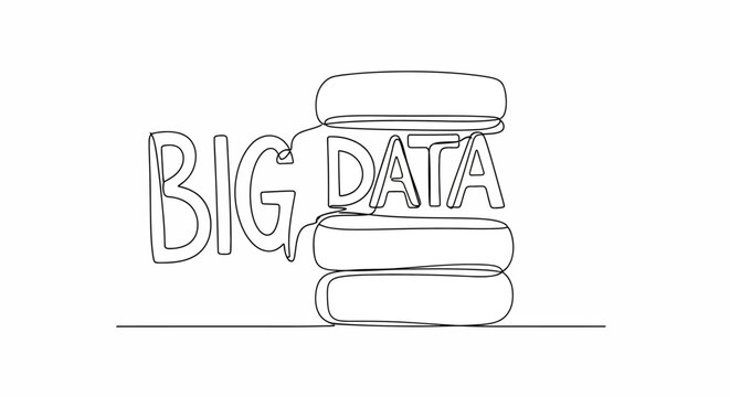 Big Data concept, stack of disks and text, continuous line drawing