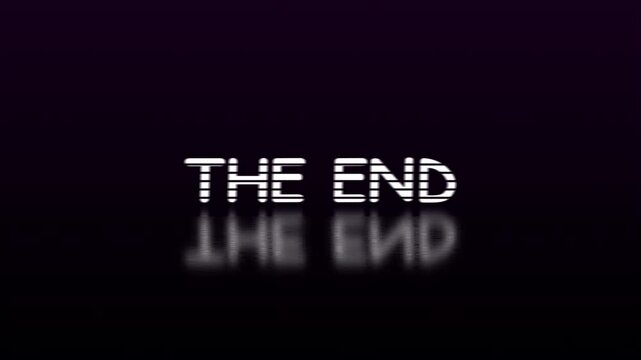 Retro digital glitch animation of the text The End with chromatic aberration and reflection on a dark surface for game over screens or cinematic movie endings