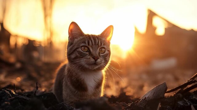 A cat walks out from the ashes in a burned landscape at sunset. It looks around the area with interest, exploring its surroundings. The warm light creates a striking view