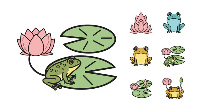 Green Frog on Lily Pad Flower.