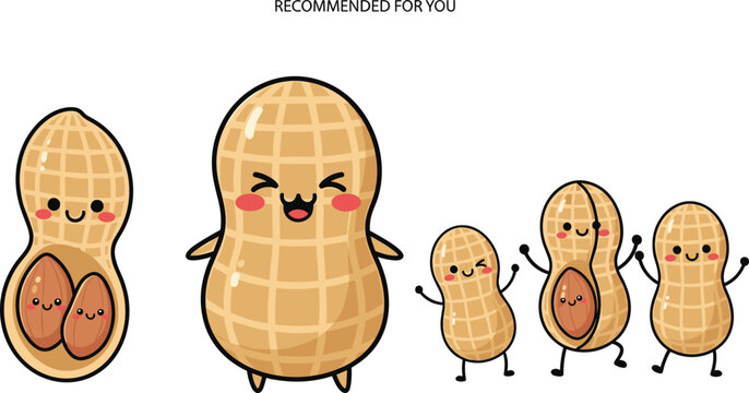 Adorable Peanut Characters with Fun Expressions and "Recommended for You" Label for Snack and Food Product Marketing Designs.