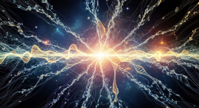 A vibrant and dynamic illustration of a bright light exploding in space with energetic lines and DNA helix structures