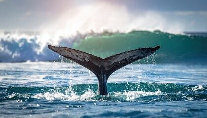 Naklejka premium Majestic whale tail breaching ocean surface with wave backdrop.