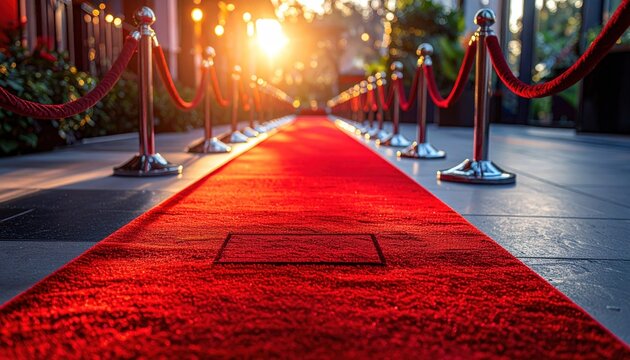 A luxurious red carpet aisle flanked with silver stanchions at sunset, creating an elegant entrance scene