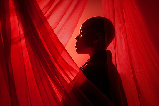 Artistic Silhouette Of Person With Buzz Cut Behind Red Sheer Curtains