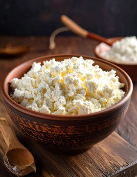 Close-up of a rustic clay bowl overflowing with fresh, creamy white dairy product, along with other serving dish elements