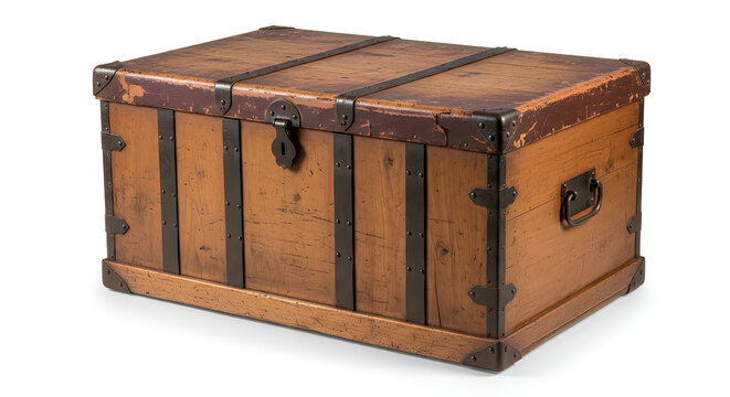 Vintage wooden trunk on white background storage and decor
