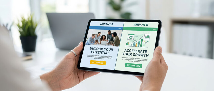 Digital marketing e commerce website tablet in hand, online ads split test